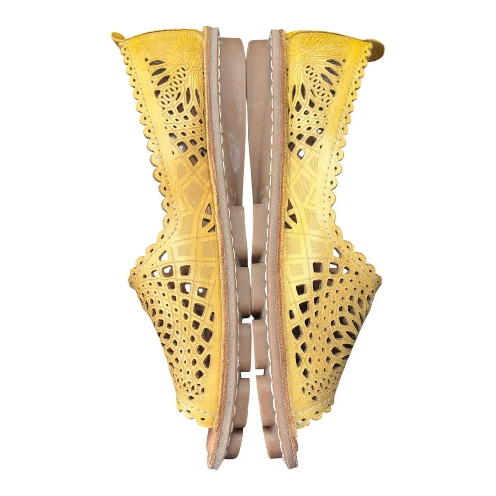 Spring Step Bormeda Sandals Womens 41 Yellow Leather Laser Cut Flats Boho Hippie